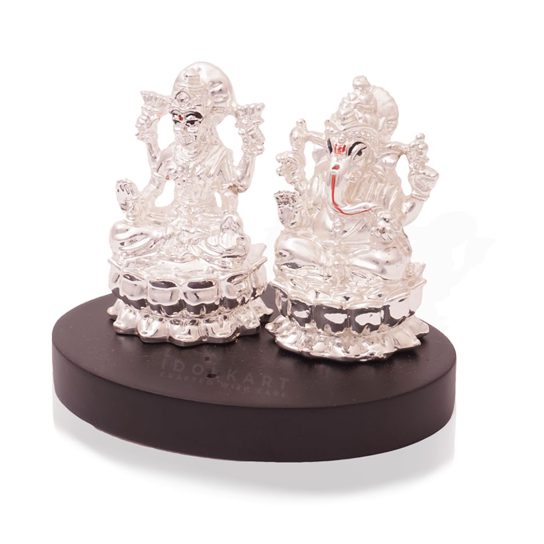 Idolkart 999 Silver Plated Ganesh Lakshmi Murti On A Wooden Base | Small Size (3 Inch) | Ganesh Laxmi Idol For Diwali Puja, Gift